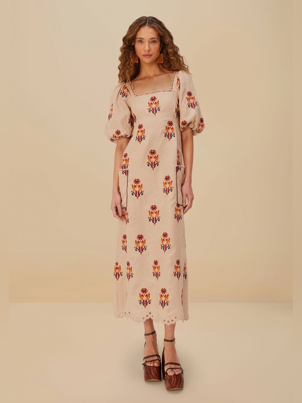 Farm Rio Rose Embroidered Macaw Maxi Dress in Beige Multi | M - Picture 5 of 16